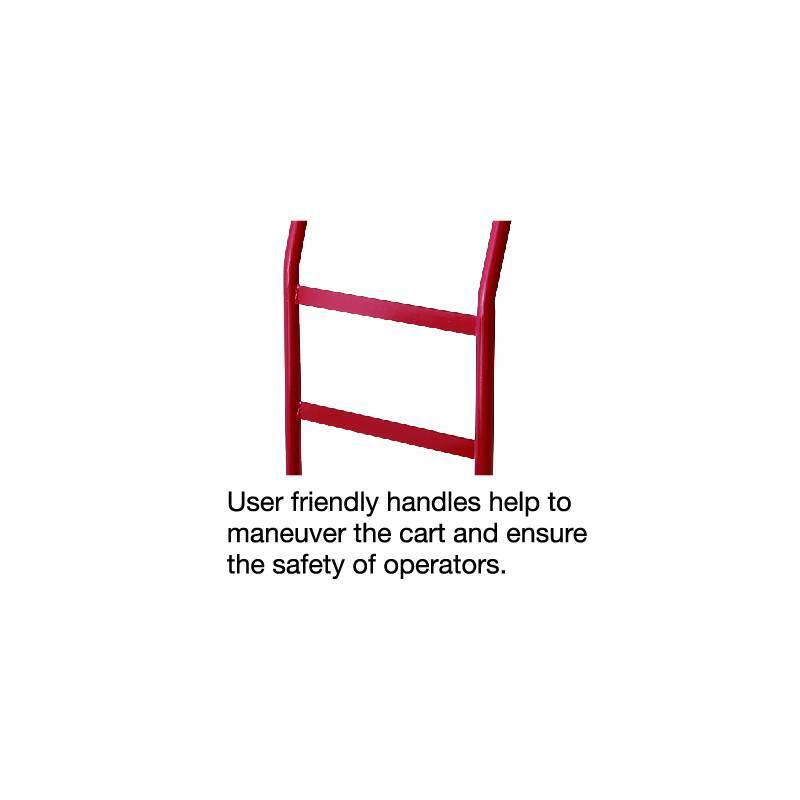 Close-up of red cart handles designed for easy maneuverability and operator safety.