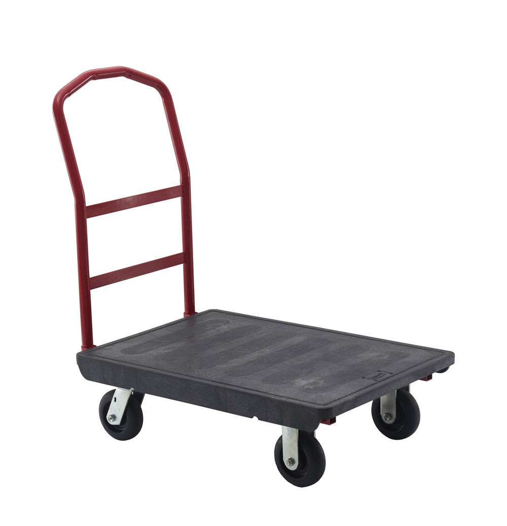 A flatbed cart with a durable black platform and a red handle, featuring four wheels for easy mobility.