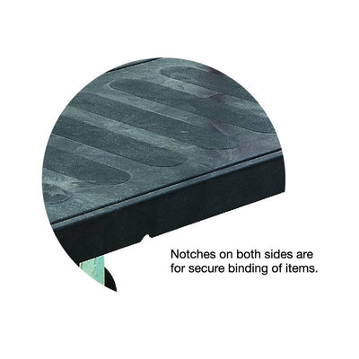 Close-up of a black surface with notches on both sides designed for securely binding items.