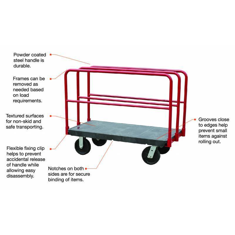 Red steel utility cart with removable frames, textured surface, secure notches, and grooved edges for safe transporting of items.