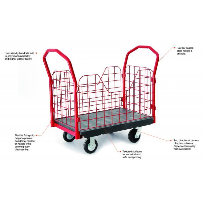 A sturdy red utility cart with user-friendly handrails, textured surfaces for safety, and four swivel casters for easy maneuverability.