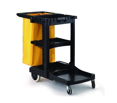 A black cleaning cart with a yellow bag and two shelves, mounted on 4 wheels for easy mobility.