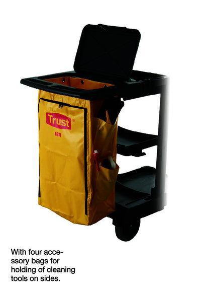A yellow cleaning cart with a closed lid and four side accessory bags for storing cleaning tools. "Trust" logo visible in red.