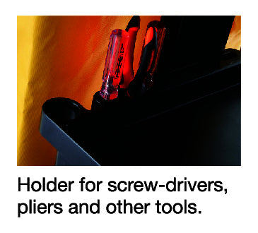 A tool holder featuring screwdrivers and pliers, set against a vibrant yellow trash bag as the background.