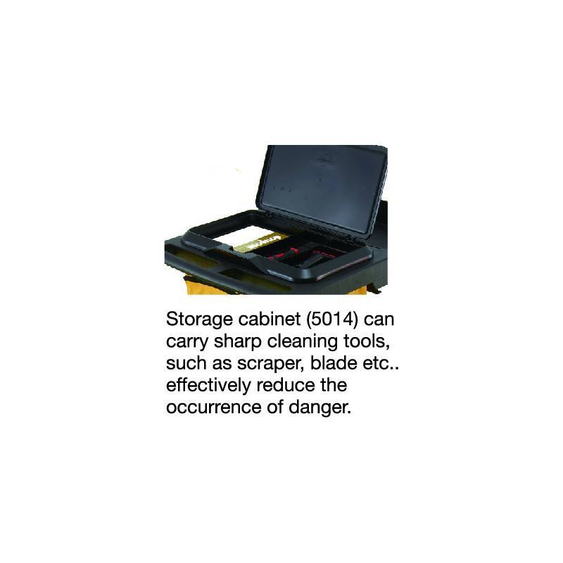 Close up of black storage cabinet on cleaning cart with tools like scrapers and blades, designed for safe transport of sharp cleaning equipment.