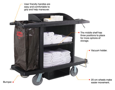 A multifunctional cleaning cart with user-friendly handles, adjustable shelves, a vacuum holder, and 20 cm wheels for easy mobility.