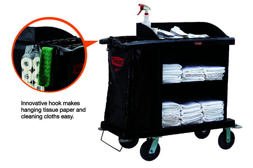 A black cleaning cart with shelves holding white towels, a spray bottle, and an innovative hook for hanging tissue and cloths.