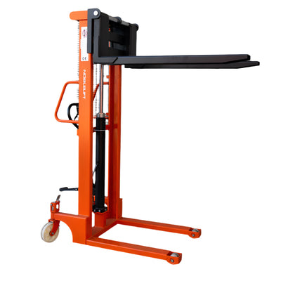A bright orange manual pallet stacker with a black forks lifted all the way up, hydraulic lift, and maneuvering wheels, ideal for lifting and moving heavy loads.