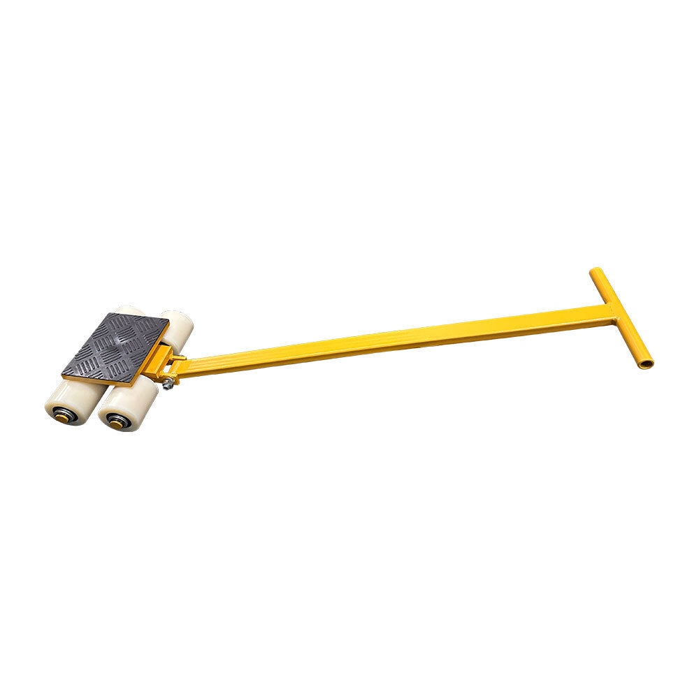 A yellow-handled dolly with four white wheels and a textured plate, designed for moving heavy objects easily.
