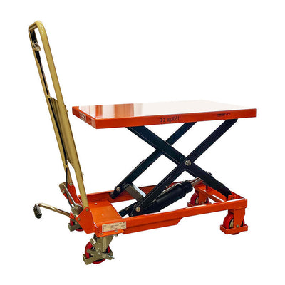 A red hydraulic lift table with a flat surface, black scissor mechanism, and wheels for mobility, ideal for lifting heavy objects.