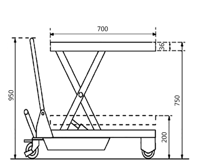 Side view technical drawing of a mobile scissor lift table with dimensions labeled in millimeters.