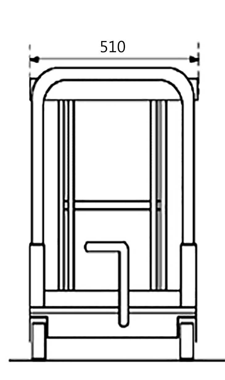 Technical drawing of a scissor lift table shown from the front, measuring 510mm in width, featuring a handle and vertical supports.