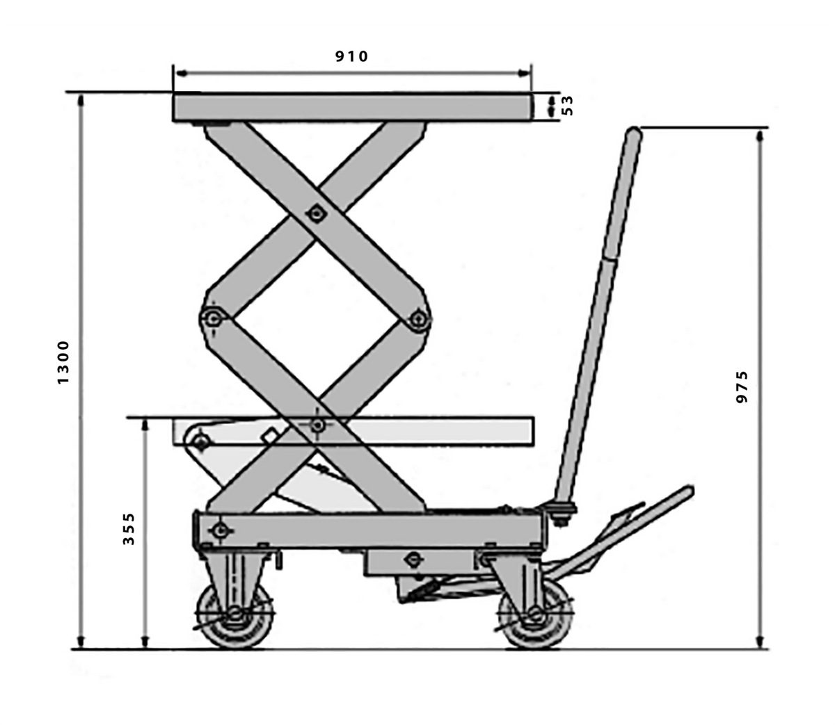 Side view diagram of a scissor lift table, displaying dimensions: height 1300mm, width 910mm, and depth 355mm.