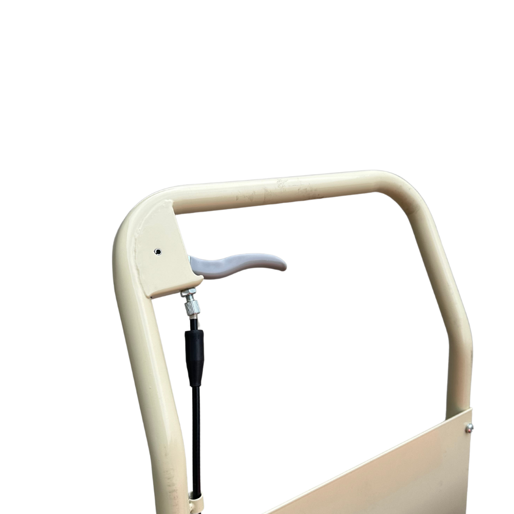 Close-up of a beige utility cart handle featuring a gray lever and a black cable mechanism for functionality.