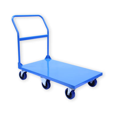 A blue flat cart with a handle and four wheels, designed for transporting items easily and efficiently.