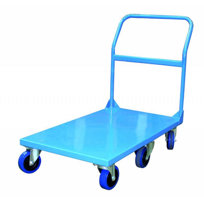 Blue flatbed cart with a sturdy handle and four swivel wheels for easy maneuvering, ideal for transporting items.