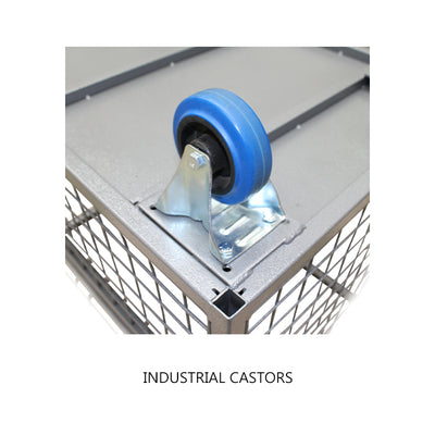 Close-up of a blue industrial caster wheel attached to a silver metal frame, showcasing its sturdy design for mobility.