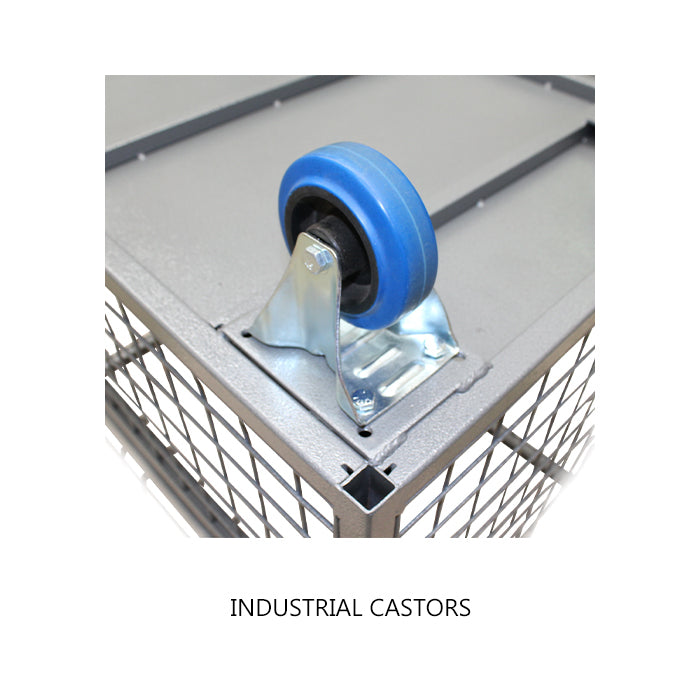 Close-up of a blue industrial caster wheel attached to a silver metal frame, showcasing its sturdy design for mobility.