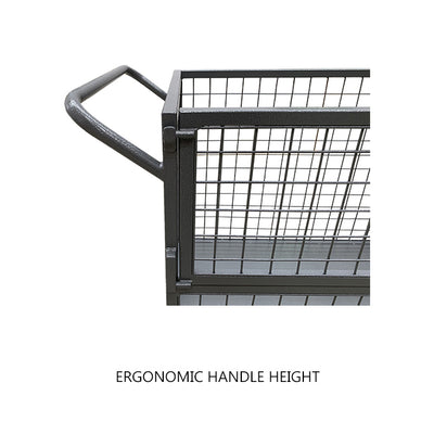 Close-up of a cart's ergonomic handle, highlighting its height for comfortable use. A grid design on the cart's sides is visible.