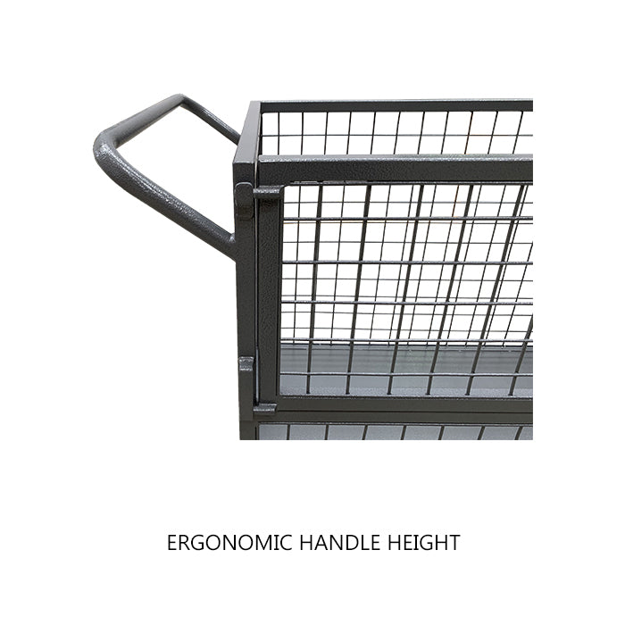 Close-up of a cart's ergonomic handle, highlighting its height for comfortable use. A grid design on the cart's sides is visible.