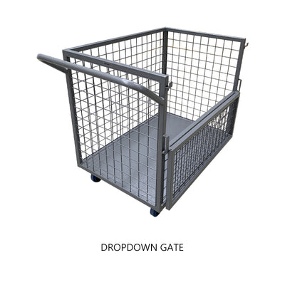 Gray metal utility cart with a dropdown gate and mesh sides, designed for easy transport and storage on wheels.
