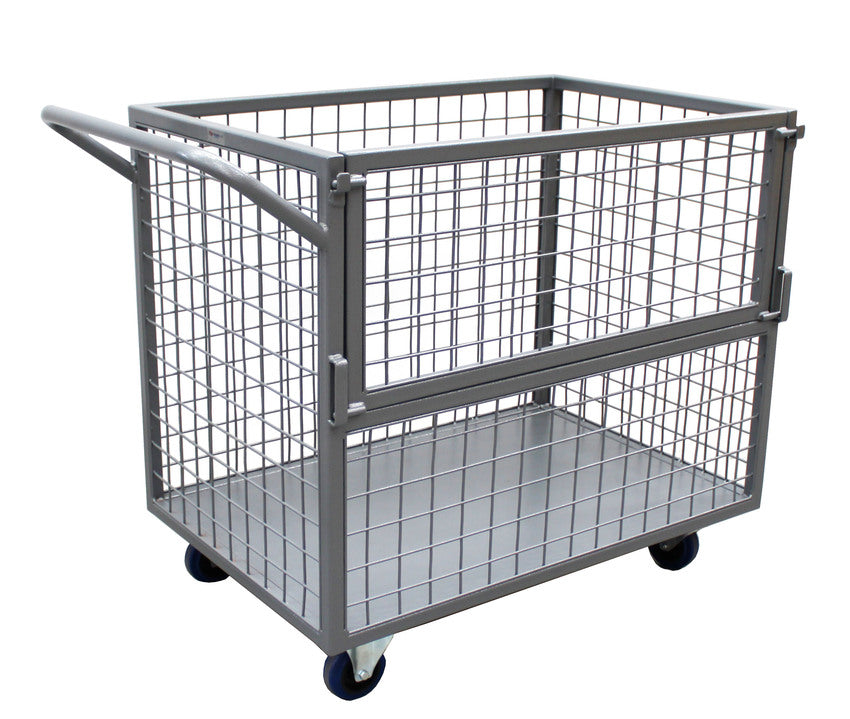 A gray metal mesh cart with wheels and a handle, designed for storage and transportation of items.