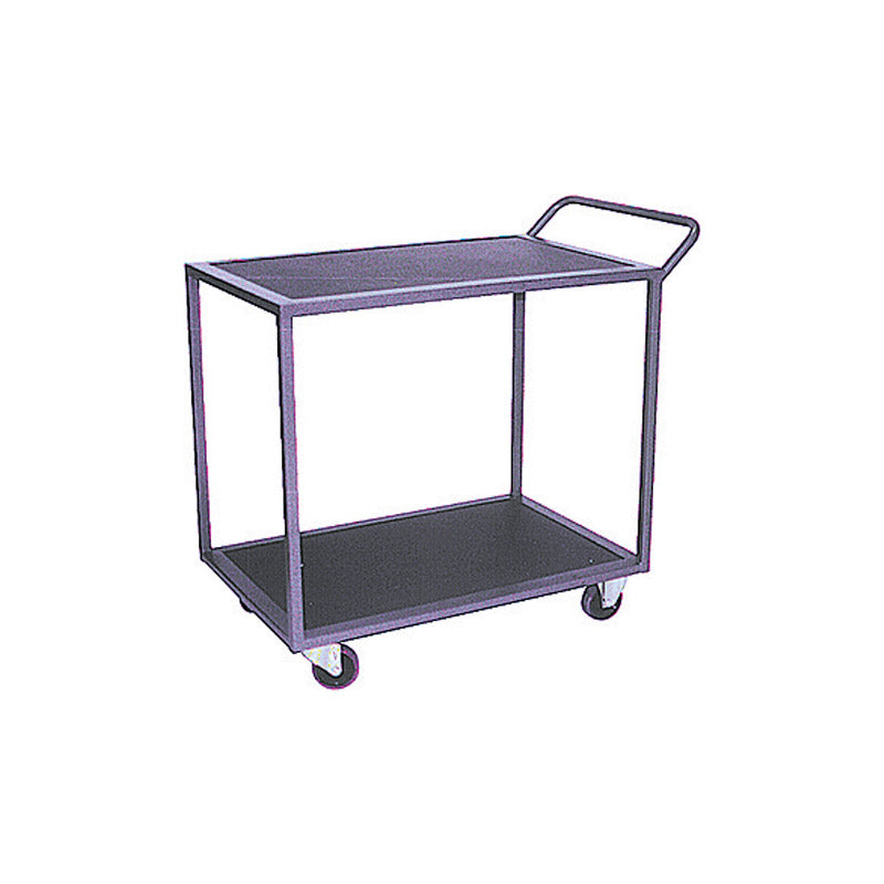 A simple, sturdy metal utility cart with two shelves and wheels, designed for easy transport of items.