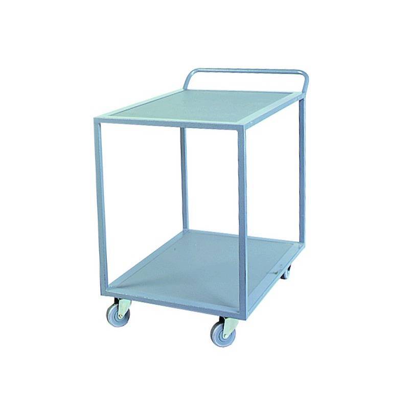 A sturdy, gray metal serving cart with two shelves and wheels for easy mobility, ideal for transporting items.