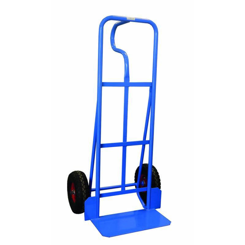 A blue hand truck with a tall frame, sturdy wheels, P shade handle and a flat base, designed for transporting heavy items easily.