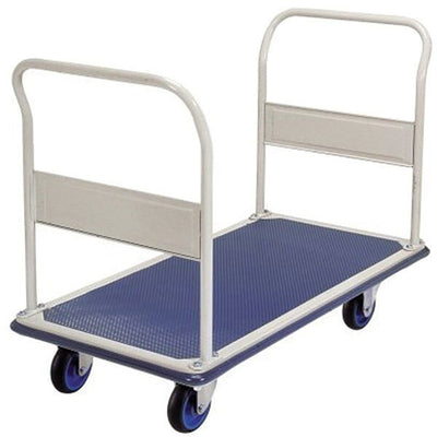 A sturdy blue platform cart with white handles and four wheels, designed for transporting heavy items easily.