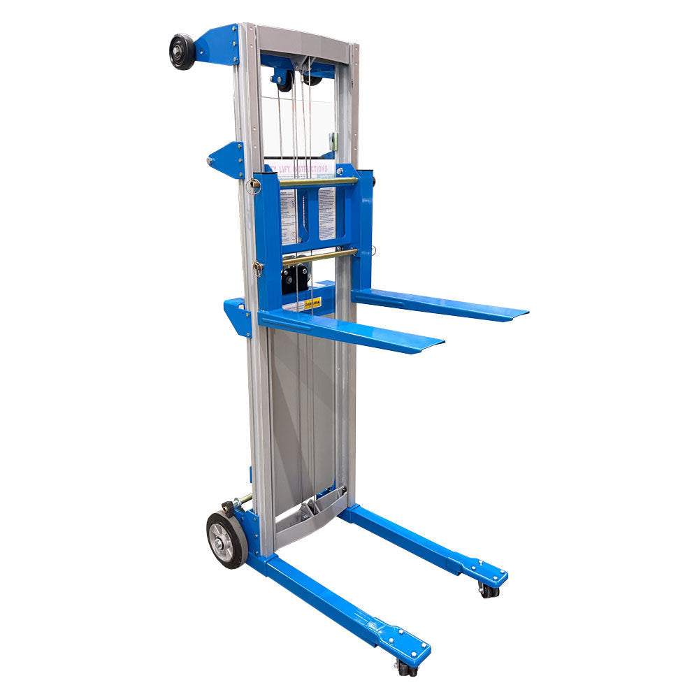 A blue and silver manual lift with a platform on wheels, designed for lifting and moving heavy items with ease.