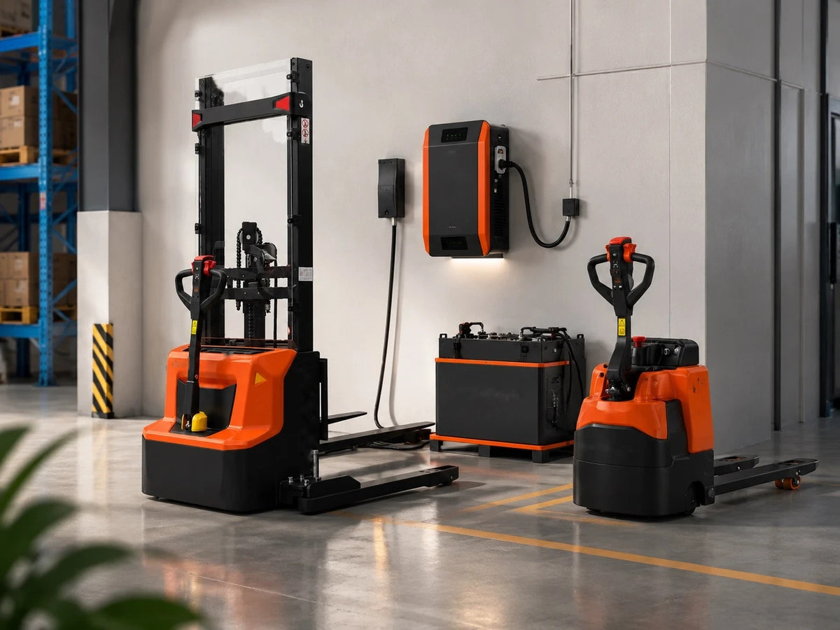 Electric walkie stacker and electric pallet jack beside a wall-mounted charger