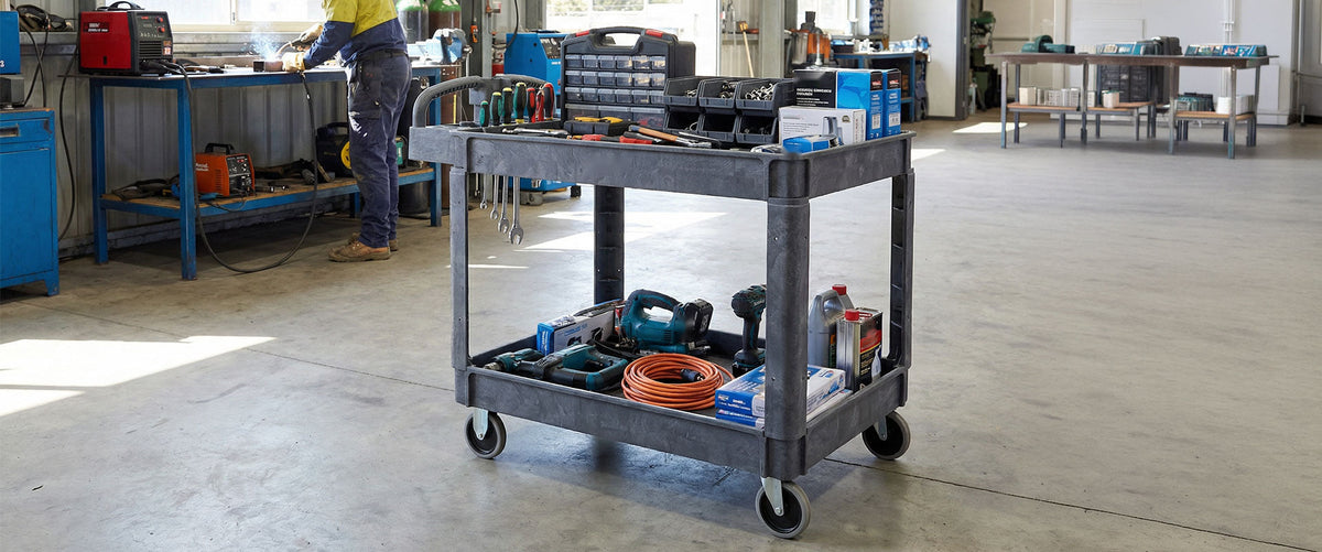 Worker at a workshop bench beside a two-shelf utility cart loaded with power tools and cable